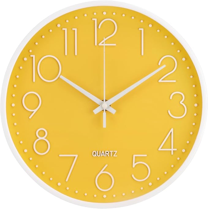 Wall Clock Non-Ticking Silent Modern Simple Style Round Decor Clock Stereoscopic Dial Quartz Wall Clocks for Home/Office/School/Living Room/Bedroom/Kitchen (Yellow, 8inch)
