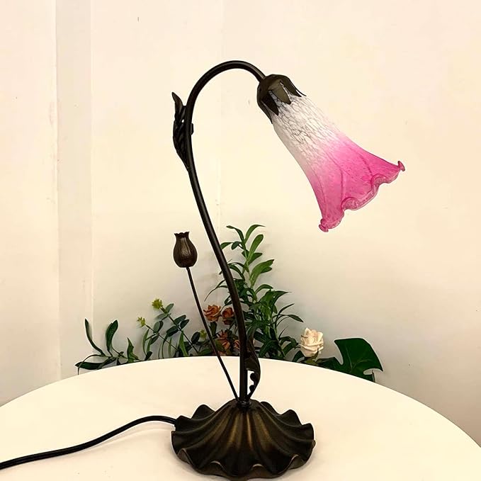 Bieye L10846 Lily Flower Blown Glass Accent Table Lamp for Living Room Bedroom Decoration (1-Light, Pink)