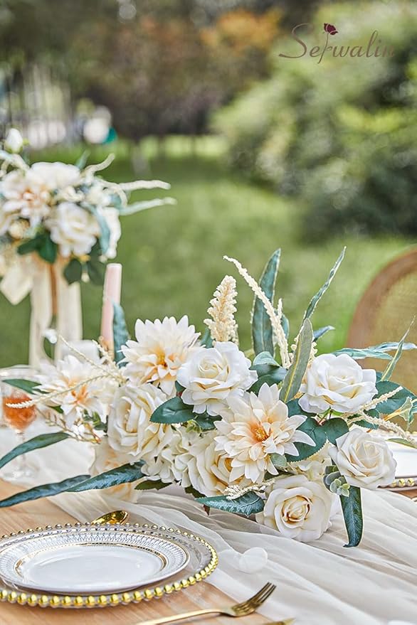 Serwalin Artificial Flowers Boho Champagne Fake Silk Flowers for DIY Wedding Bridal Bouquets, Wedding Cake Flowers for Table Centerpieces Arrangements Party Baby Shower Home Decorations
