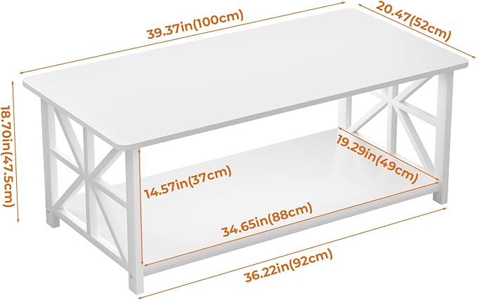 GreenForest Coffee Table for Living Room with Round Corners Farmhouse Style Center Table with Storage Shelf 39 Inch Space Saving Easy Assembly Full White