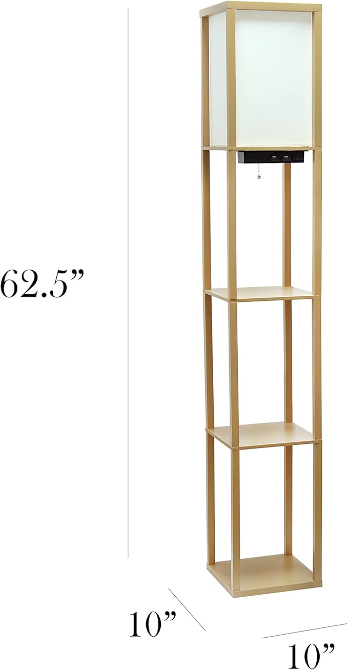 Simple Designs LF1037-TAN Floor Lamp Etagere Organizer Storage Shelf with 2 USB Charging Ports, 1 Charging Outlet and Linen Shade, Tan