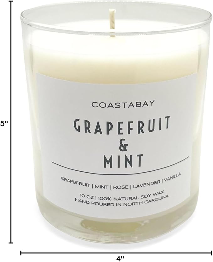 Mint and Grapefruit Candle | Summer Citrus Candles, Handmade in USA, All Natural Organic 100% Soy Jar Candles, Long Lasting 50+ Hour Burn, 10oz