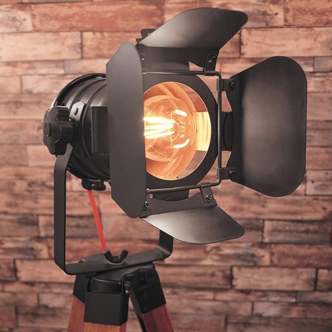 Industrial floor lamps for Living Room, Farmhouse Tripod Lamp for Bedrooms Vintage Steampunk Adjustable 55" Black Metal Camera Wooden Tall Standing Lights for Study Corner, Office (No E26 Bulb)