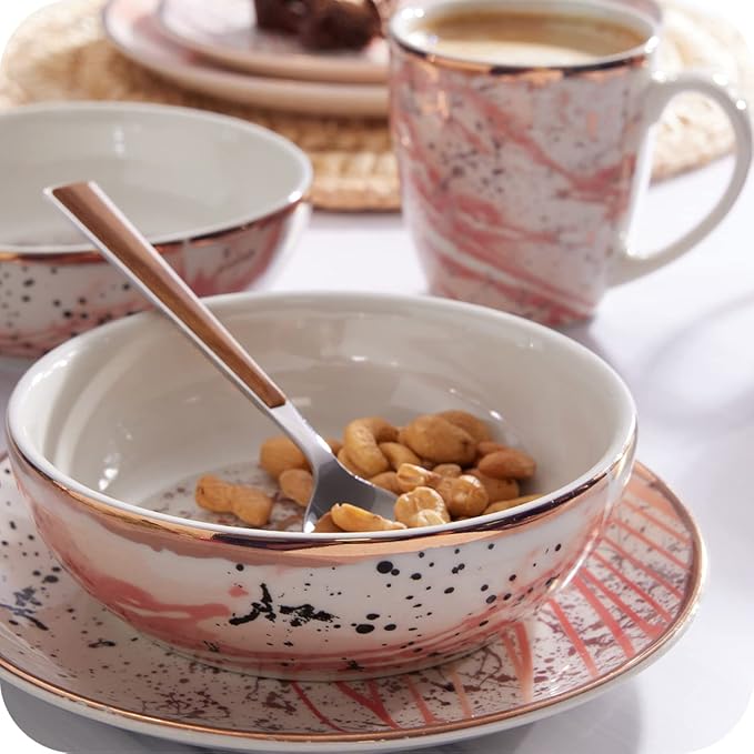 Corona 16-piece Rose Gold Modern Design Ceramic Dinnerware Sets | Plates, Bowls and Mugs | Service For 4 | Amani