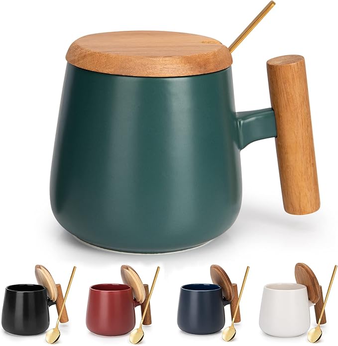 Ceramic Coffee Mug, Tea Cup for Office and Home, 14 Oz Coffee Cup with Lid and Spoon, Birthday Gifts, House Warming Presents for New Home, 1 Pack (Dark Green)