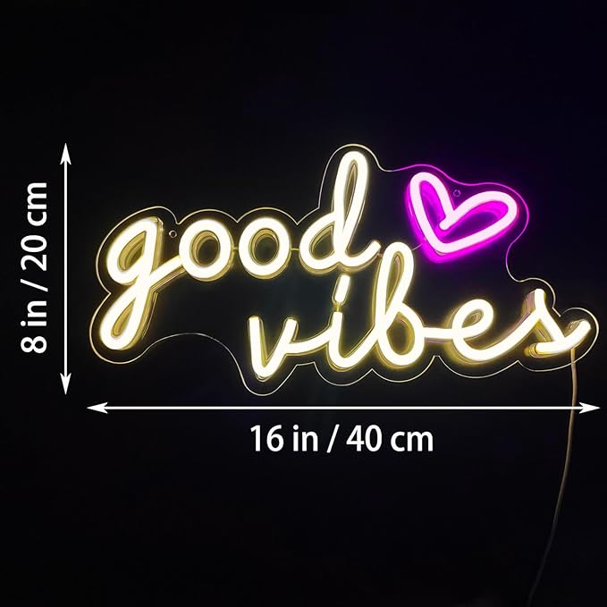 Good Vibes Neon Signs for Wall Decor, Good Vibes Neon Lights 16x8inch, USB Operated Warm White LED Signs for Bedroom, Room, Wall Decor, Birthday Party, Wedding, Salon, Bar, Home, Girl Cave