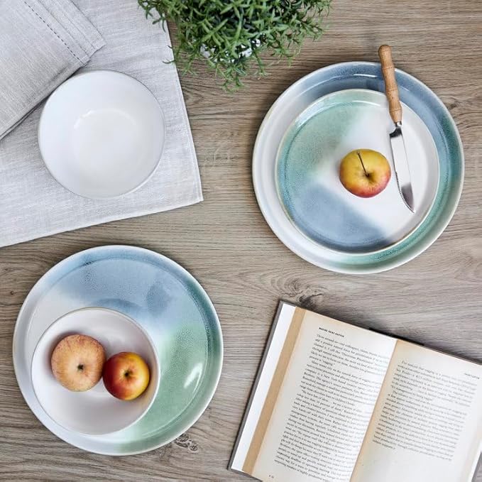 Sango 12-Piece Stoneware Dinnerware Set Color Block Reactive – Service for 4, Dinner Plates, Salad Plates & Cereal Bowls, Durable Stoneware, Dishwasher Safe, for Everyday Dining & Entertainment