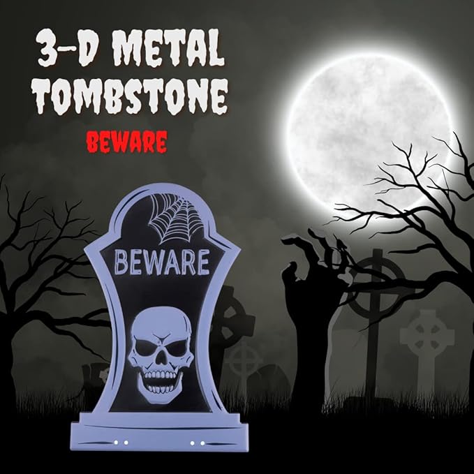 3-D Metal Halloween Ghost Cemetery XL 17" Tombstone w Stakes -BEWARE- Durable, Rustproof, UV Raised Printing- Upgrade Your Haunted House Mansion w Cemetary Lawn Decor- No More Flimsy Foam Graveyards
