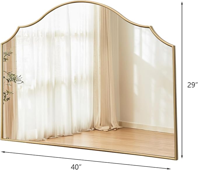 Gold Scalloped Wall Mirror: 40"x29" Large Modern Minimalist Vanity Arched Mirror for Home Decor/Living Room/Bedroom/Fireplace/Mantle/Entryway
