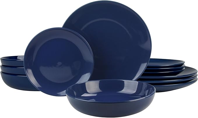 10 Strawberry Street 12 Piece Coupe Stoneware Dinnerware Set with Dinner Bowl, Service for 4, Cobalt Blue