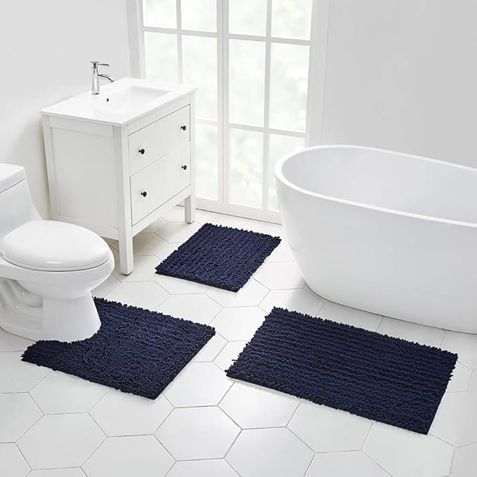 Walensee Bathroom Rug Non Slip Bath Mat (32x20 Inch Navy) Water Absorbent Super Soft Shaggy Chenille Machine Washable Dry Extra Thick Perfect Absorbant Best Large Plush Carpet for Shower Floor