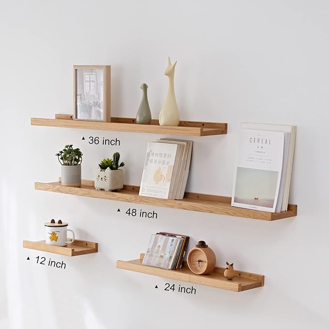 Long Floating Shelf 48 Inch Natural Wood Shelves, Rustic Display Books Picture Ledge Shelf for Wall Mounted, Natural Solid Oak Wood Shelf, Easy to Install, Natural Color, 48 *4 *1.5 (1 Pack)