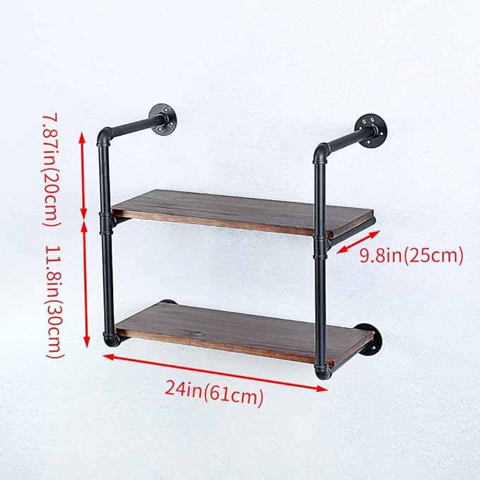 Industrial Pipe Shelving Wall Mounted,24in Rustic Metal Floating Shelves,Steampunk Real Wood Book Shelves,Wall Shelf Unit Bookshelf Hanging Wall Shelves,Farmhouse Kitchen Bar Shelving(2 Tier)