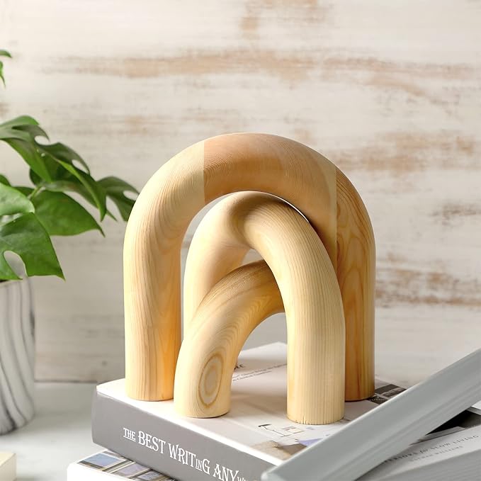 Qunclay 3 Pcs Wood Arch Decorative Objects Coffee Table Decor Modern Bookshelf Boho Home Decor for Shelves Mantel, Aesthetic Shelf Accent for Living Room Entryway(Wood Color)