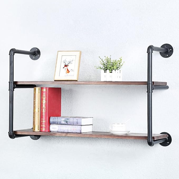 Industrial Pipe Shelving Wall Mounted,36in Rustic Metal Floating Shelves,Steampunk Real Wood Book Shelves,Wall Shelf Unit Bookshelf Hanging Wall Shelves,Farmhouse Kitchen Bar Shelving(2 Tier)
