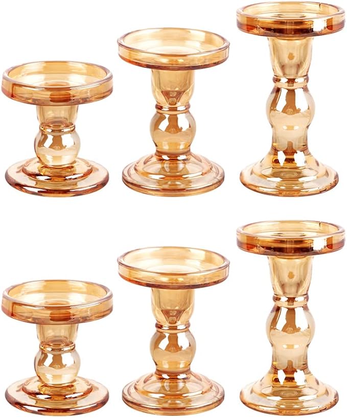 6-Piece Set of Amber Glass Candlestick, Crystal Candlestick Holder Holder and Conical Candle, Christmas Candle Holder Decoration, Family Living Room Wedding Candle Holder (Amber 2sets)
