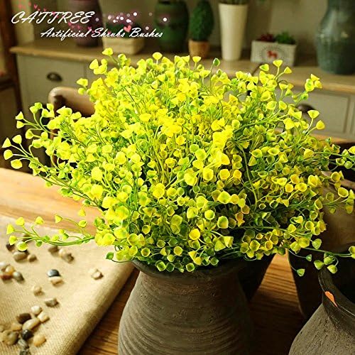 CATTREE Artificial Shrubs Bushes, Plastic Fake Plants Wedding Indoor Outdoor Home Garden Verandah Kitchen Office Table Centerpieces Arrangements Christmas Decoration Yellow 4 pcs