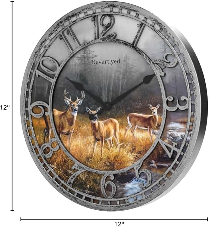 Great Looking Deer Clock Wildlife Wall Clock Silent Non Ticking Battery Operated 12 Inch Quality Plastic Round Wall Clocks for Home Kitchen Living Room Bedroom Office Decor (Antique Silver)
