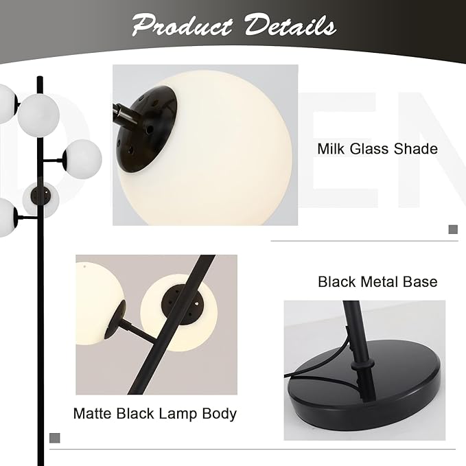 KCO Lighting Contemporary Standing Light 5-Light Frosted White Glass Globe Floor Lamp Modern Black Corner Tall Pole Lamp with Foot Switch for Home Office (Black)