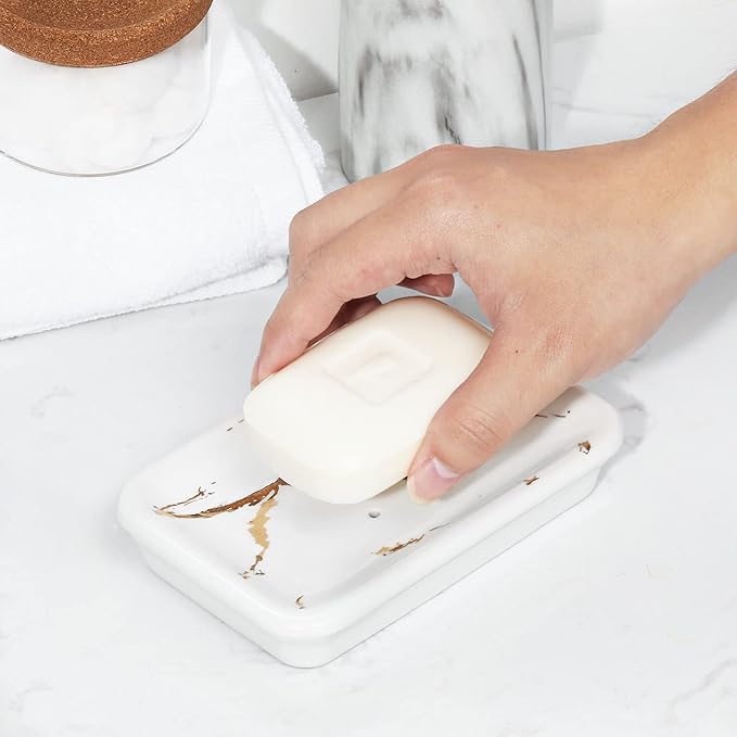 Shinowa Ceramic Soap Dish,Double Soap Holder with Drain,Porcelain Self Draining Soap Dish,Bar Soap Holder for Shower Bathroom Kitchen,Keeps Soap Dry,Easy Cleaning, White
