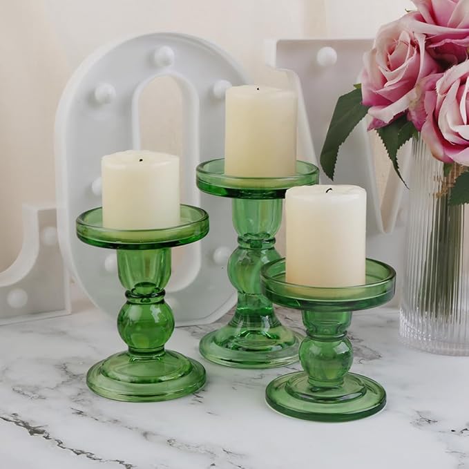 3-Piece Set of Green Glass Candlestick, Crystal Candlestick Holder Holder and Conical Candle, Christmas Candle Holder Decoration, Family Living Room Wedding Candle Holder (green1set)