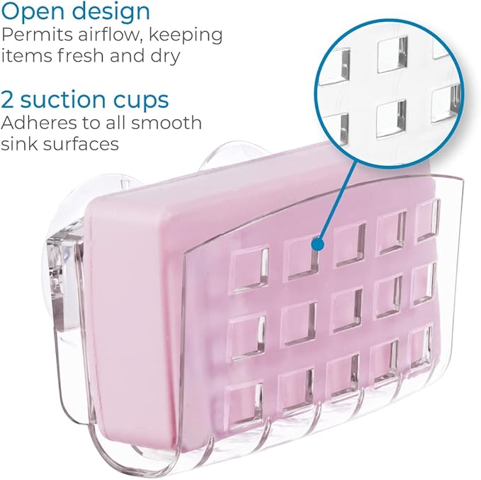 iDesign BPA-Free Plastic Sponge Holder for Kitchen Sink with Suction Cups, Ideal for Kitchen Sinks and Bathroom Organization, 2.3" x 5.2" x 3.7", Clear