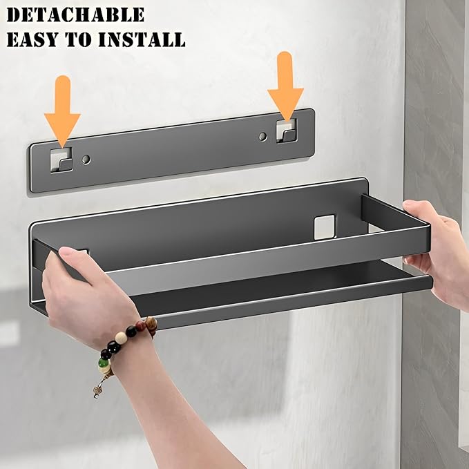 Nail-Free or Drilling Stainless Steel Detachable Floating Wall Mounted Shelves for Kitchen, Bathroom, Baking Paint Process, Corrosion and Rust Resistant, Set of 1 Gray