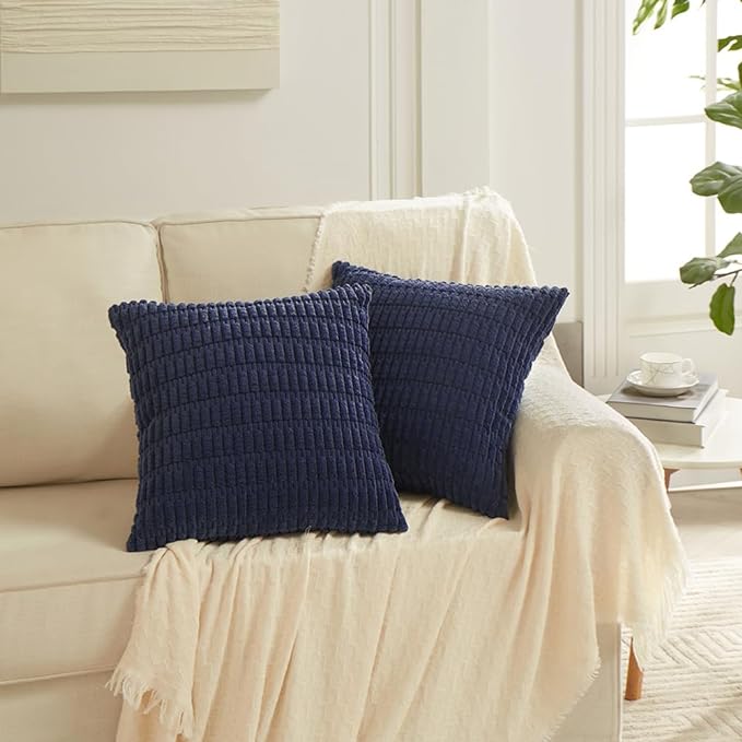 Fancy Homi 4 Packs Navy Blue Decorative Throw Pillow Covers 18x18 Inch for Living Room Couch Bed Sofa, Rustic Modern Farmhouse Boho Home Decor, Soft Plush Corduroy Square Cute Cushion Case 45x45 cm