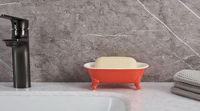 6.5" Ceramic Mini Decorative Clawfoot Bathtub Bar Soap Dish, Kitchen Sponge Holder and Shower Tray for Bathroom, 1 Pack(Coral)