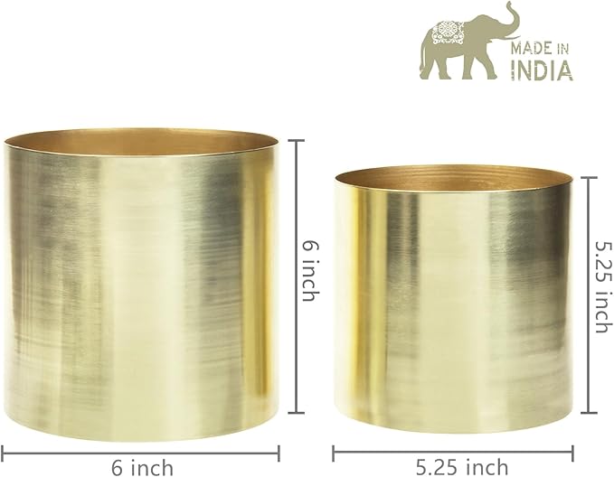 MyGift Modern Brushed Brass Plated Indoor Plant Pot, Cylindrical Metal Vase, 5 and 6 Inch, Set of 2 - Handcrafted in India