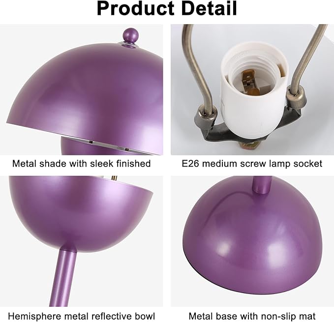 COSYLUX Modern Small Table Lamp for Bedroom, Cute Dome Shade Reflecting Light Reading Lamp for Living Room, Kid's Room, Study, Office, Beside Bedside Nightstand Desk Lamp(Pearl Purple)