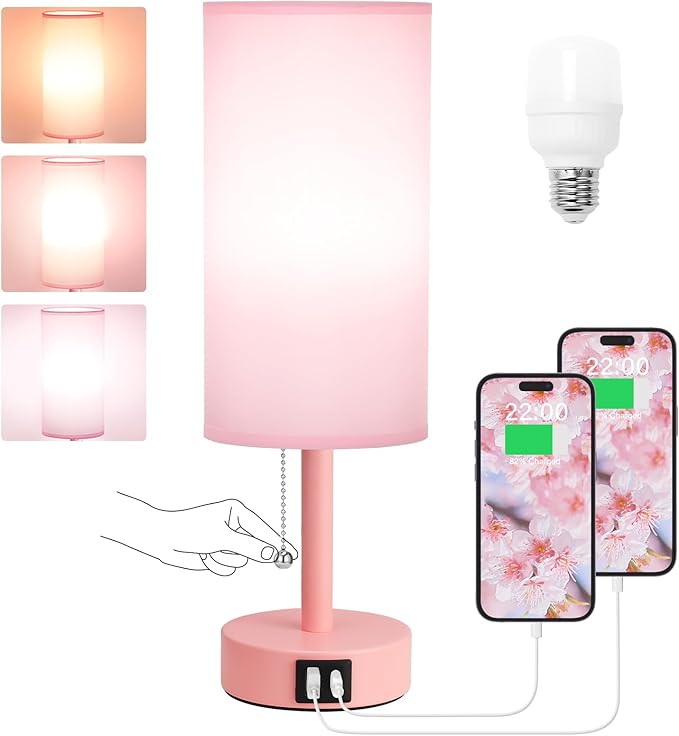 Hong-in Pink Table Lamp with USB-C and USB-A Charging Ports, Pull Chain, Nightstand Lamp for Bedrooms Living Room, LED Bulb Included