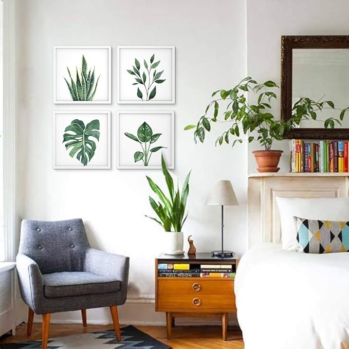 ArtbyHannah Framed Bathroom Wall Decor, 10x10 Inch Botanical Wall Art with Sage Green Plant Print for Wall Decoration, Minimalist Restroom Decor (White)