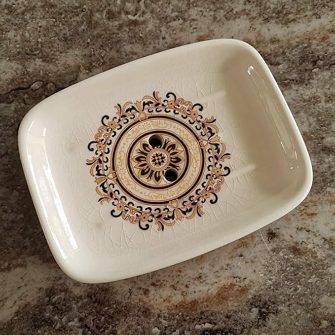 Ceramic Soap Dish Creative Ice Crack Ceramic French Sunflower Pattern Soap Dish Holder for Bathroom and Shower Soap Tray Box with Drain Gift for Mum Family