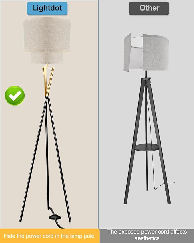Lightdot Glod &Black Tripod Floor Lamp, Modern Floor Lamps for Living Room, Standing Lamp with Double Linen Shade, E26 Bulb Included, 67.7" Tall Floor Lamp for Bedroom, Home Office