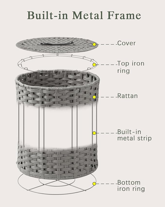 Laundry Hamper with Lid Wicker Laundry Hamper Round 26.5 Gal (100 L) Laundry Basket Handwoven Rattan Laundry Basket with Removable Bag Handles 2 Mesh Bags for Living Room Bedroom Gray