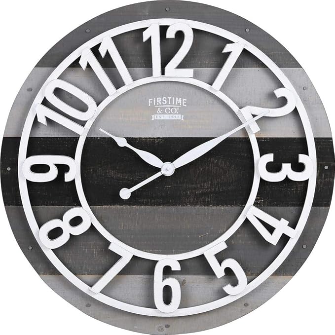 FirsTime & Co. Gray Shabby Planks Wall Clock, Large Vintage Decor for Living Room, Home Office, Round, Wood, Farmhouse, 27 inches