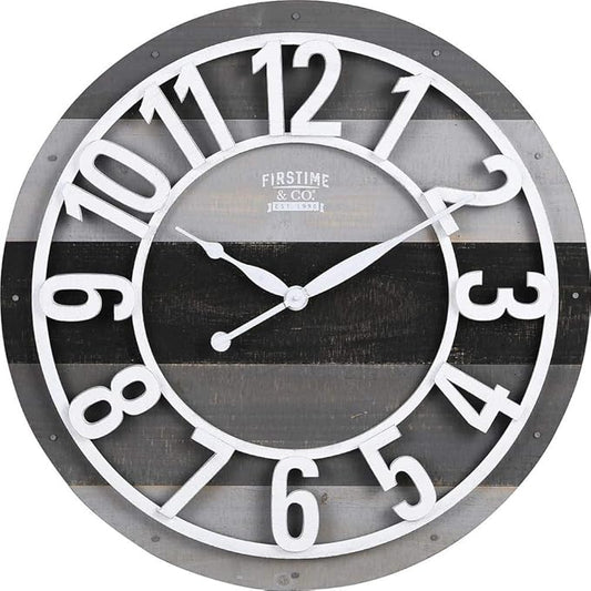 FirsTime & Co. Gray Shabby Planks Wall Clock, Large Vintage Decor for Living Room, Home Office, Round, Wood, Farmhouse, 27 inches