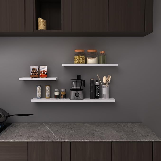 Floating Shelves 24 Inch Wall Shelf Solid Wood Mounted Storage for Bedroom Living Room Set of 2, White Wall Shelves