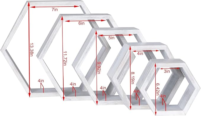 PHOENANCEE Hexagon Floating Shelves,Wall Mounted Wood Farmhouse Storage Honeycomb Wall Shelf Set of 5,for Bathroom, Kitchen, Bedroom, Living Room,Office,Driftwood Finish (Weathered White)