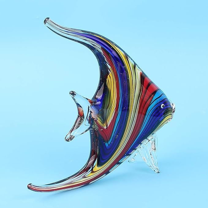 Hophen Art Glass Crystal Tropical Angel Swallow Fish Blown Handmade Sea Animal Figurine Sculpture Home Decor Collectible Statue Paper Weight Gift Ornament (Rainbow)