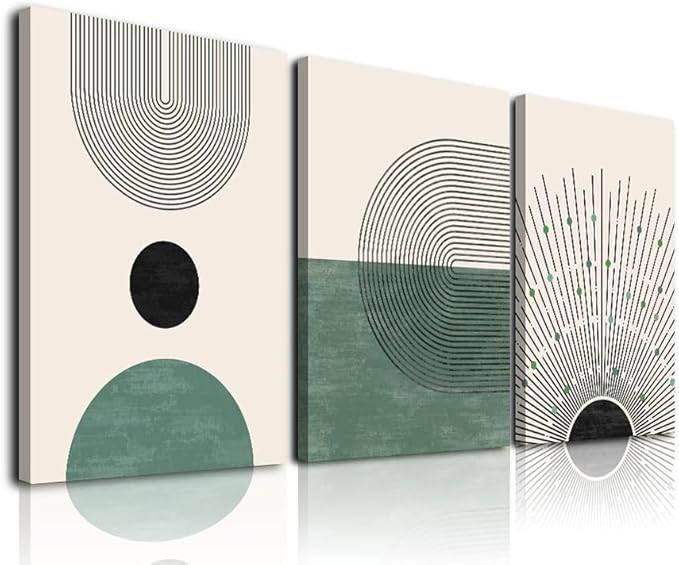 Sage Green Boho Wall Art, KBKBART Abstract Framed Canvas Wall Art for Living Room, Minimalist Beige Green Sun Geometry Black Line Artwork Paintings, Modern Sage Green Boho Room Decor, Green Wall Decor Ready To Hang for Bedroom Bathroom Office (16"x24"x3)