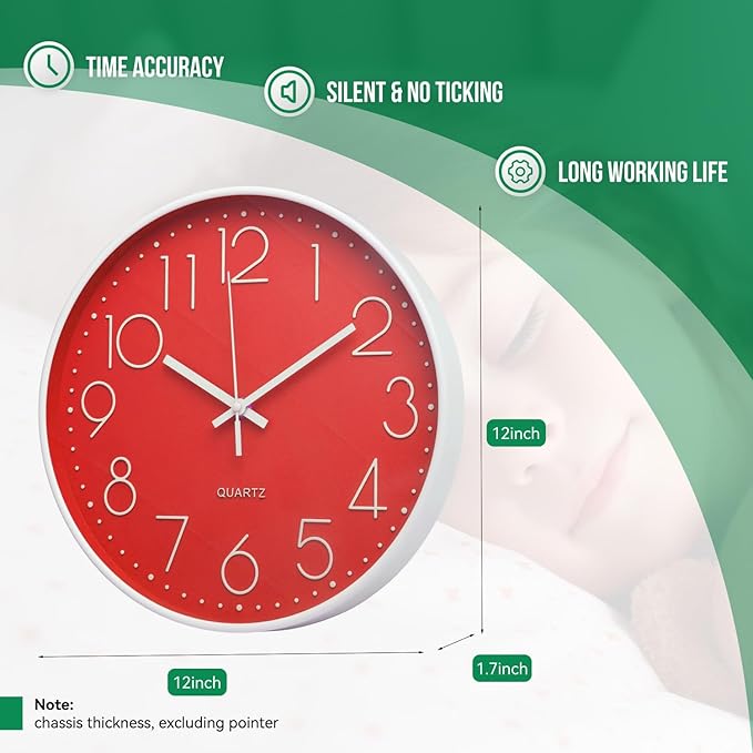 Wall Clock 12 Inch Non-Ticking Silent Modern Simple Style Round Decor Clock Red Stereoscopic Dial Quartz Wall Clocks for Home/Office/School/Living Room/Bedroom/Kitchen