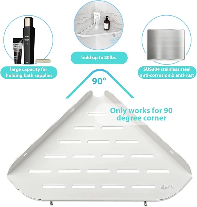 Bathroom Corner Shelf, 9" Shower Shelf Caddy, SUS304 Stainless Steel Shelf Wall Mount Corner Shelf with 2 Hooks, Matte White