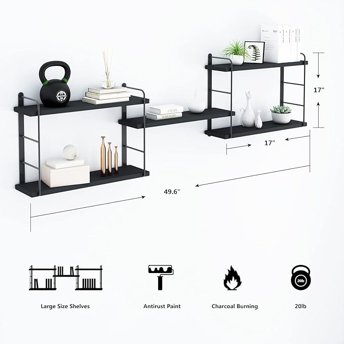 Wall Mounted Floating Shelves, Wall Shelves, Rustic Wall Decor Wood Shelves for Bedroom, Living Room, Bathroom and Kitchen Storage, Easy Installation (5, Black)