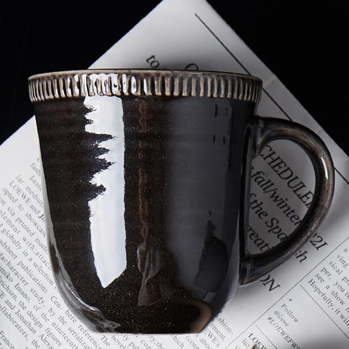 Ceramic Coffee Mugs, Black mugs, 15oz, Vintage Tea Cups with Handle for Office/Home, Handmade Pottery Mug, Embossment Craft, Dishwasher and Microwave Safe. (Black)
