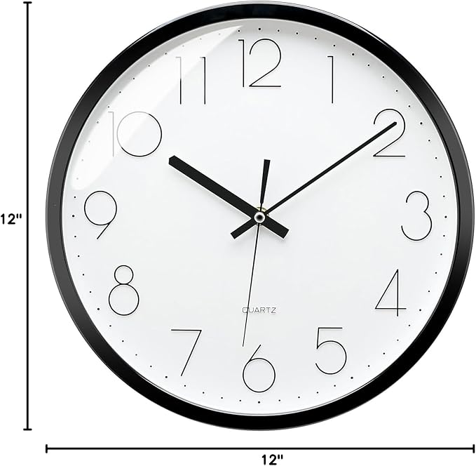 Plumeet Black Wall Clock Non Ticking Silent Quartz Round Clock Decorate Bedroom Home Kitchen Office - Battery Operated (White)