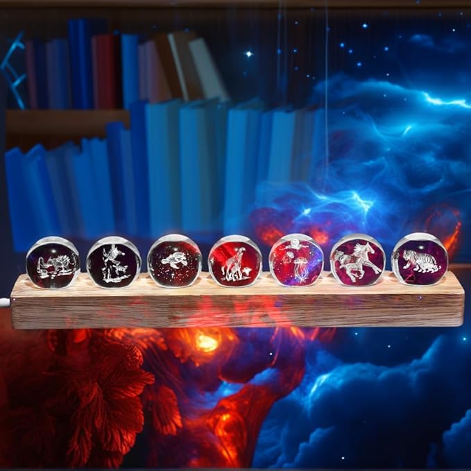 7 Glass Laser Balls with LED Wooden Base 3D Crystal for Mother Son Theme Lights Up as Night Light for Room Decoration, Gifts for Women - Healing Spheres for Meditation in Home Office on Mothers Day