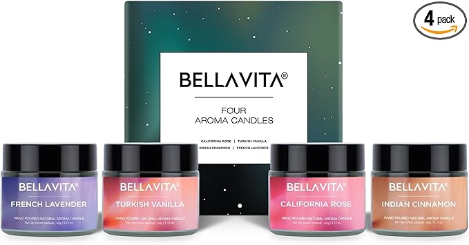 Bella Vita Organic Fall Decor Candles Set | Turkish Vanilla, French Lavender, Indian Cinnamon & California Rose | Wax Melts | Long Lasting, Home Decor, Wax Warmer | Candle Set (Set of 4)
