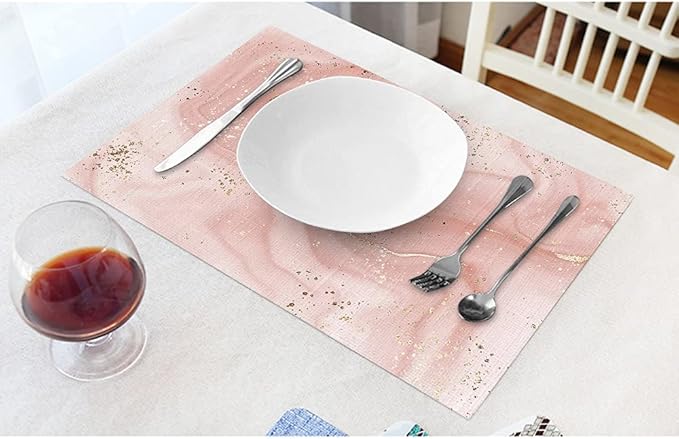 EKOBLA Aesthetic Marble Placemat Non-Slip Cotton Linen Washable Place Mats Pink Gold Glitter Splatter for Dining Table Kitchen Heat Resistant Table Mats, Set of 4
